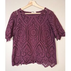 Porridge Clothing Women Medium Purple burgundy Eyelet Scalloped Sleeve Boho Top‎
